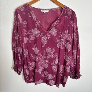NWT Sara Michelle Mauve Floral Boho Blouse L Peasant 3/4 Sleeve Top
